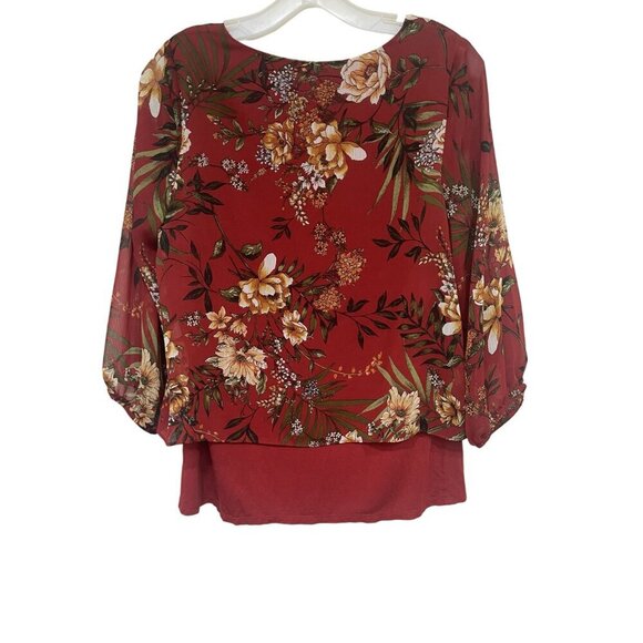 AGB Floral Print V-Neck Rust Tank/sheer overlay Layered Hem Size M Forest Fairy - Picture 6 of 10